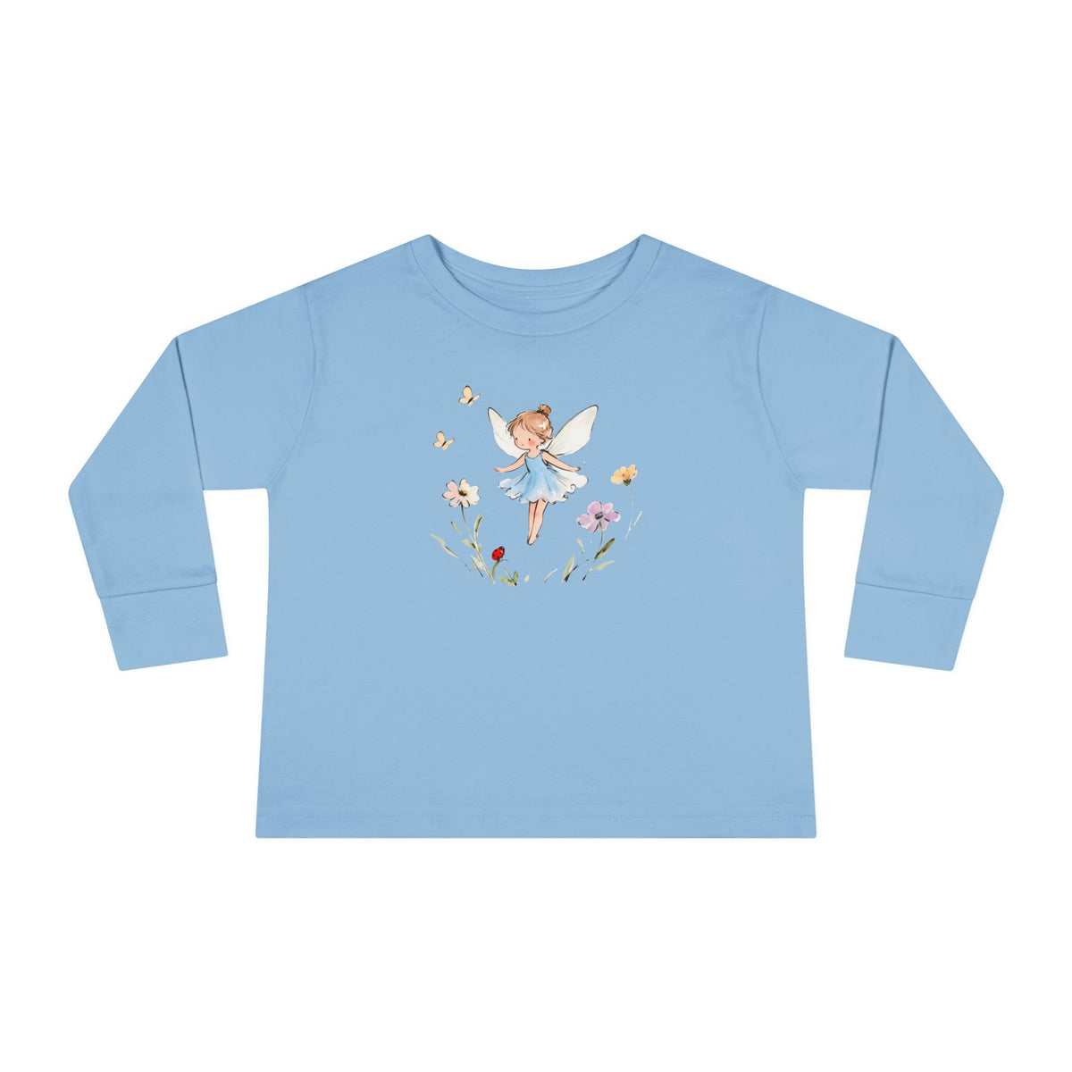 Bluebell Fairy watercolor toddler long sleeve tee, blue dress fairy with wildflowers, additional view