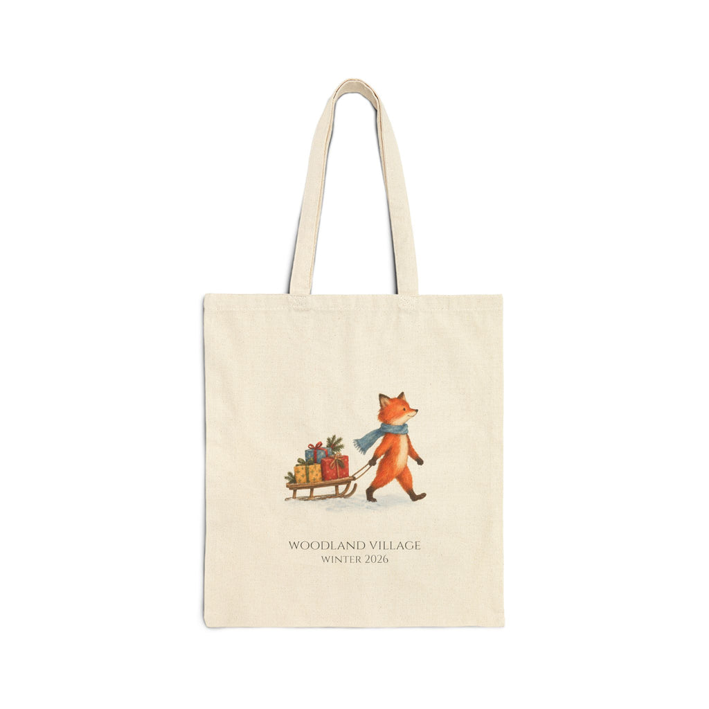 Natural canvas tote with a woodland fox pulling a sled of presents