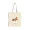 Natural canvas tote with a woodland fox pulling a sled of presents