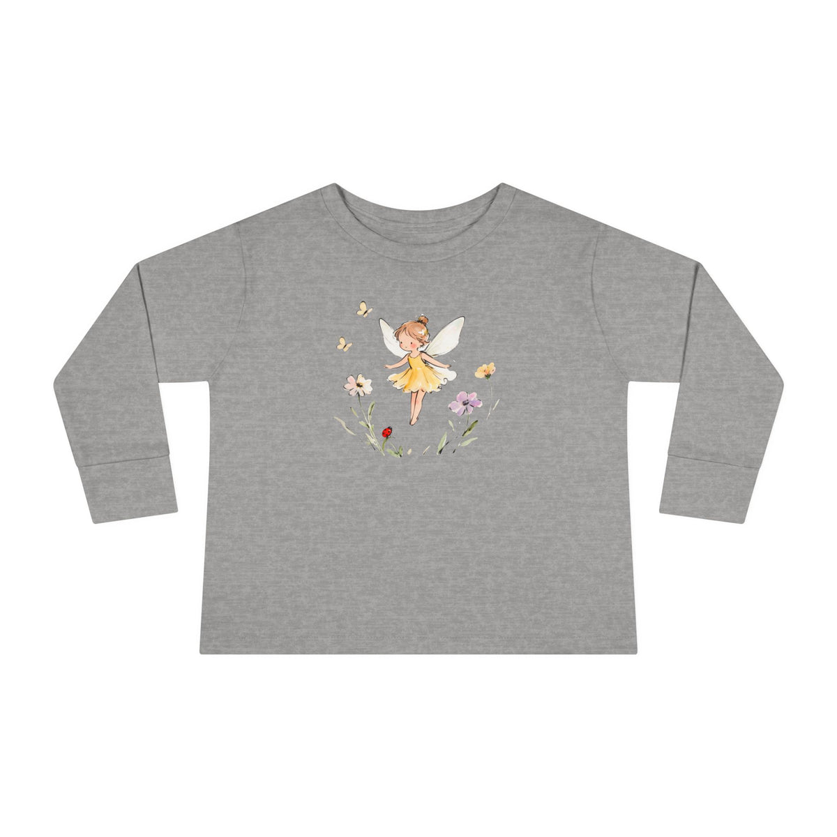 Buttercup Fairy watercolor toddler long sleeve tee, yellow dress fairy with wildflowers, additional view