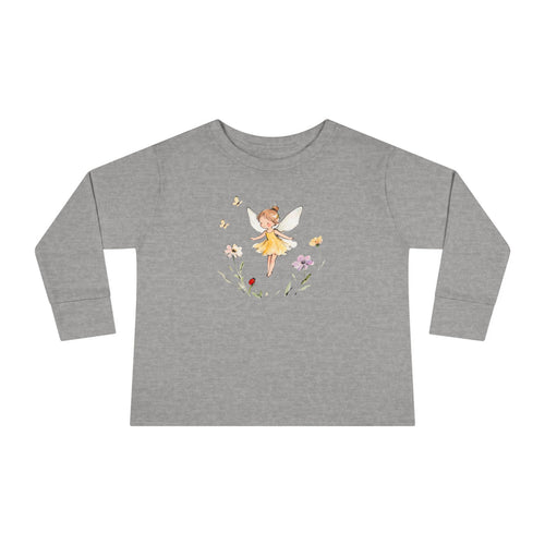 Buttercup Fairy watercolor toddler long sleeve tee, yellow dress fairy with wildflowers, additional view
