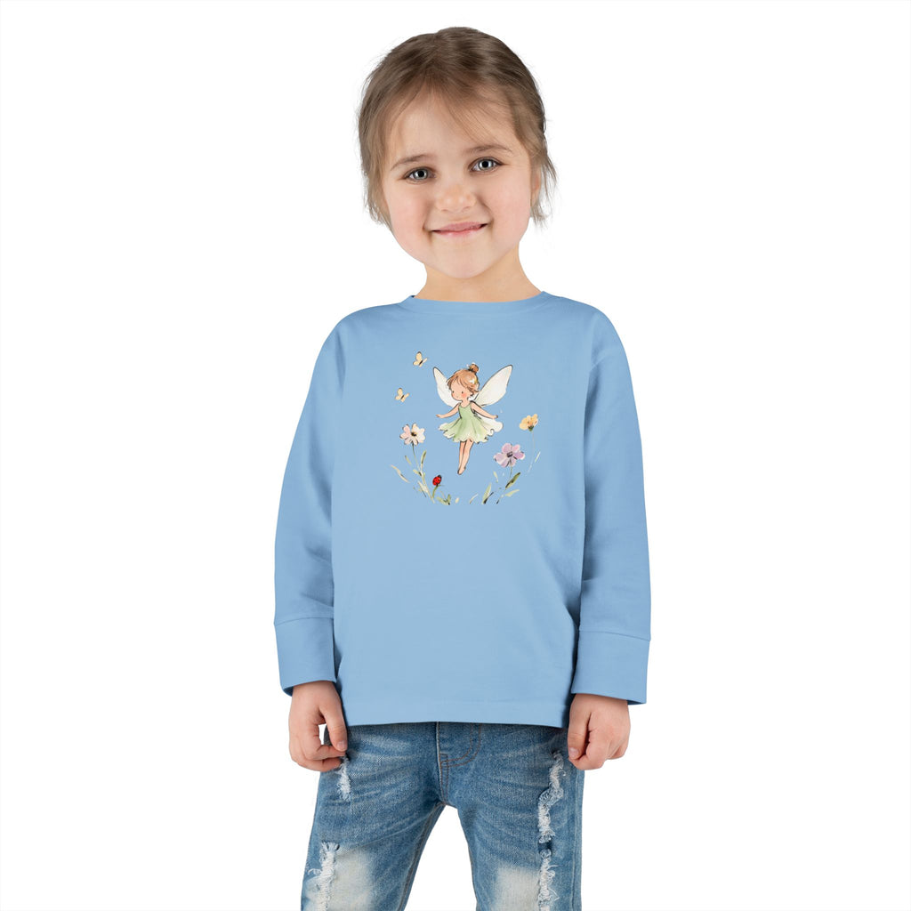 Fern Fairy watercolor toddler long sleeve tee, green dress fairy with wildflowers, additional view