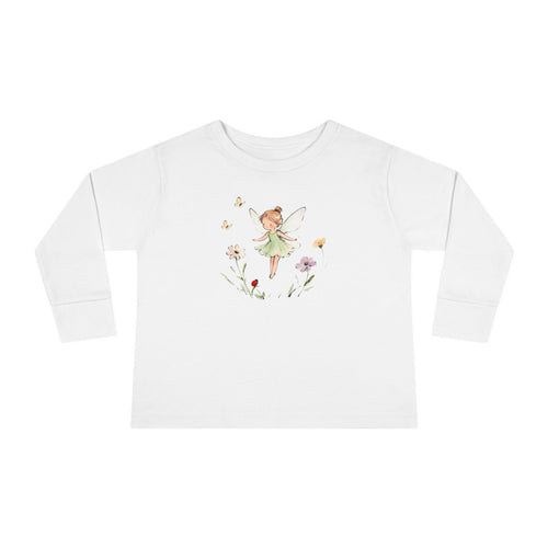 Fern Fairy watercolor toddler long sleeve tee, green dress fairy with wildflowers