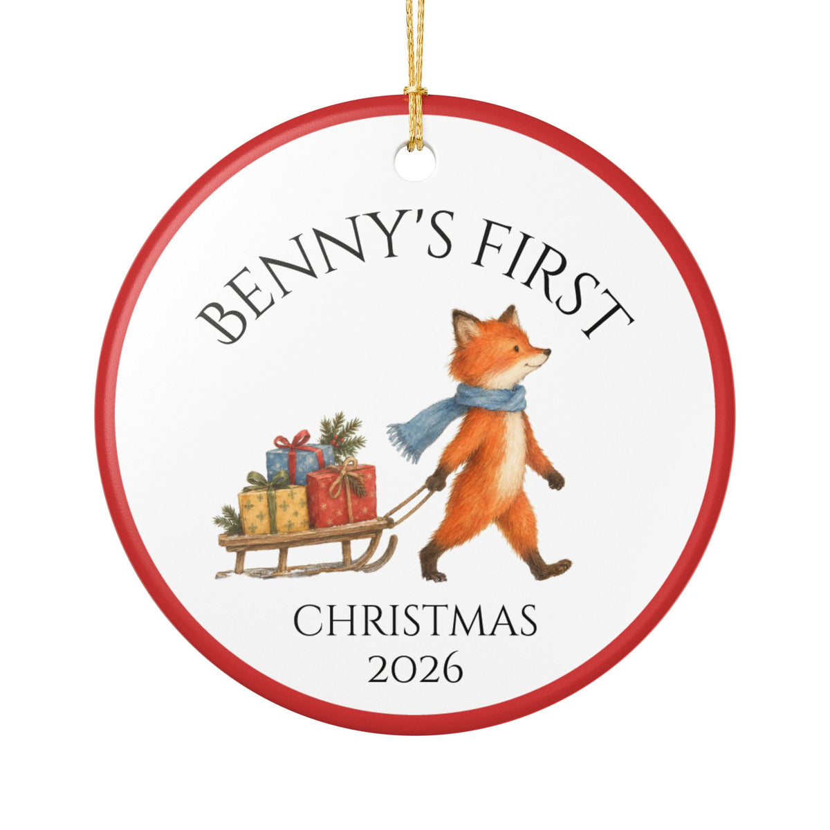 Personalized Baby's First Christmas 2026 ceramic ornament with a woodland fox pulling a sled of presents