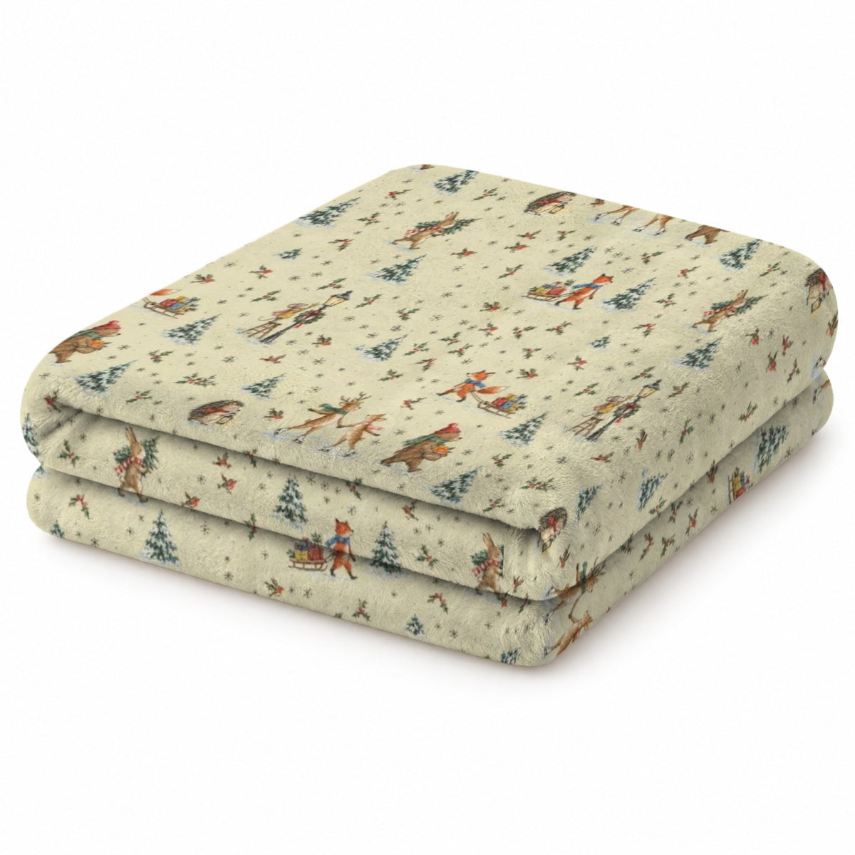 Woodland Village Christmas blanket folded on white, showing the soft velveteen plush texture