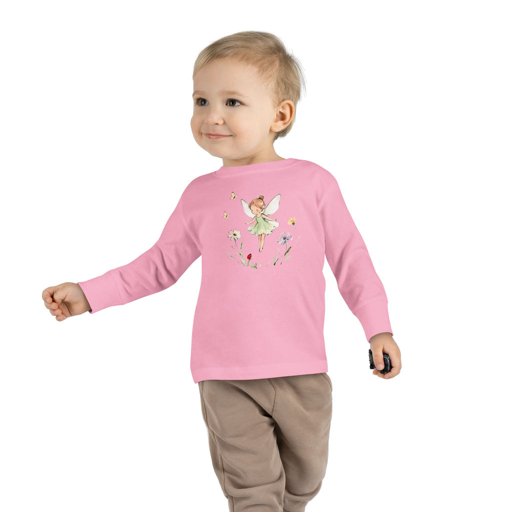Fern Fairy watercolor toddler long sleeve tee, green dress fairy with wildflowers, additional view