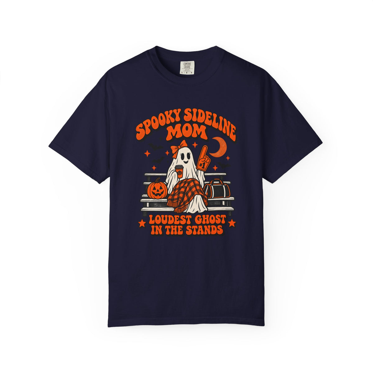 Spooky Sideline Mom Halloween tee in true navy
