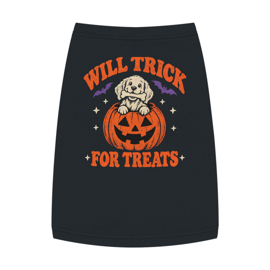 Will Trick for Treats Halloween dog tank top in black with a jack-o'-lantern pup