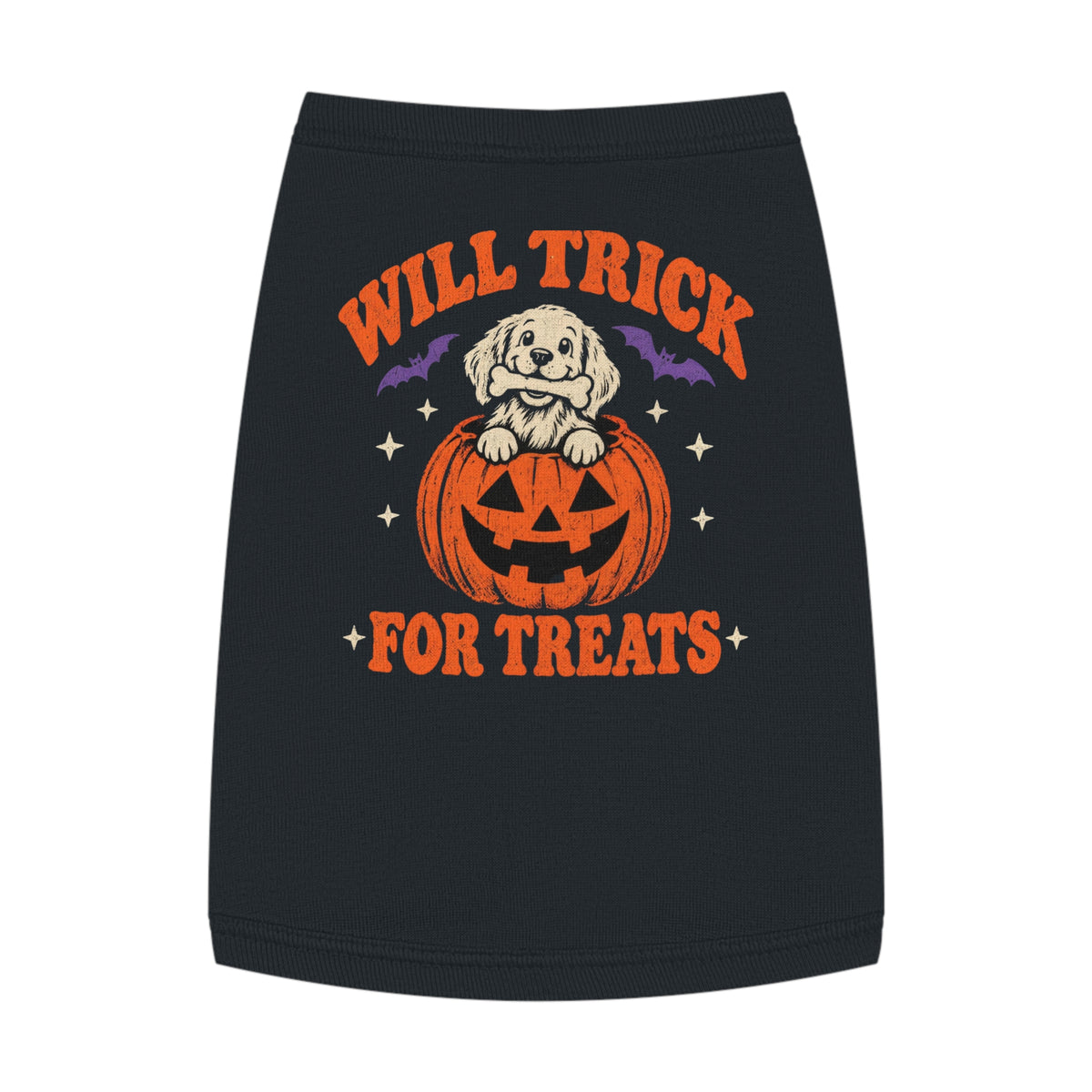 Will Trick for Treats Halloween dog tank top in black with a jack-o'-lantern pup