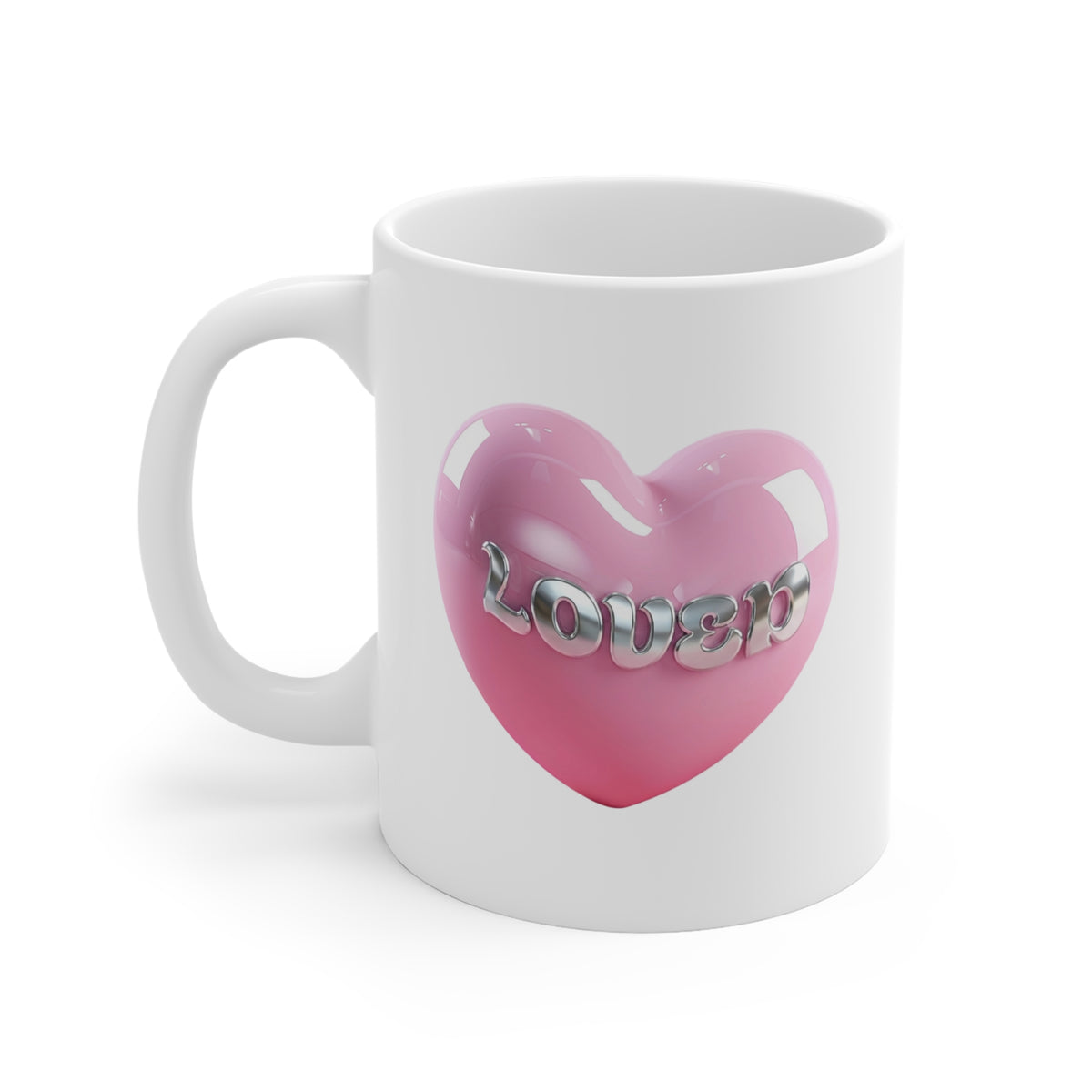 Loved pink heart mug with silver chrome lettering, 11 oz white ceramic