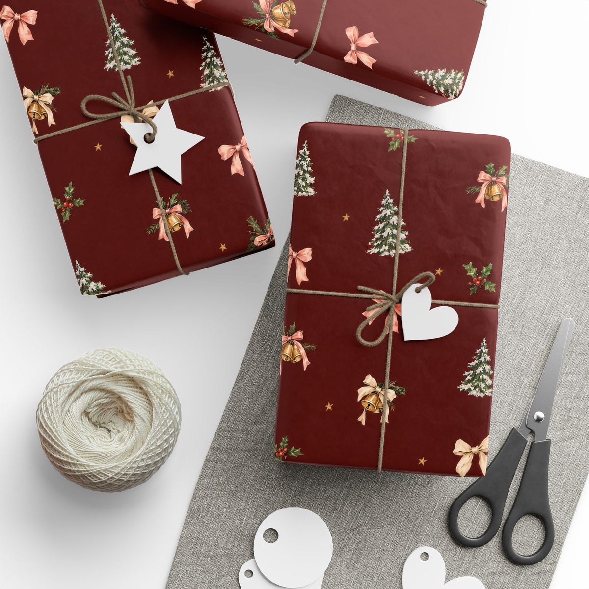 Bells & Bows Christmas Wrapping Paper | Deep Red Vintage Gift Wrap