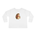 White toddler long sleeve tee with a woodland hedgehog carrying a lantern