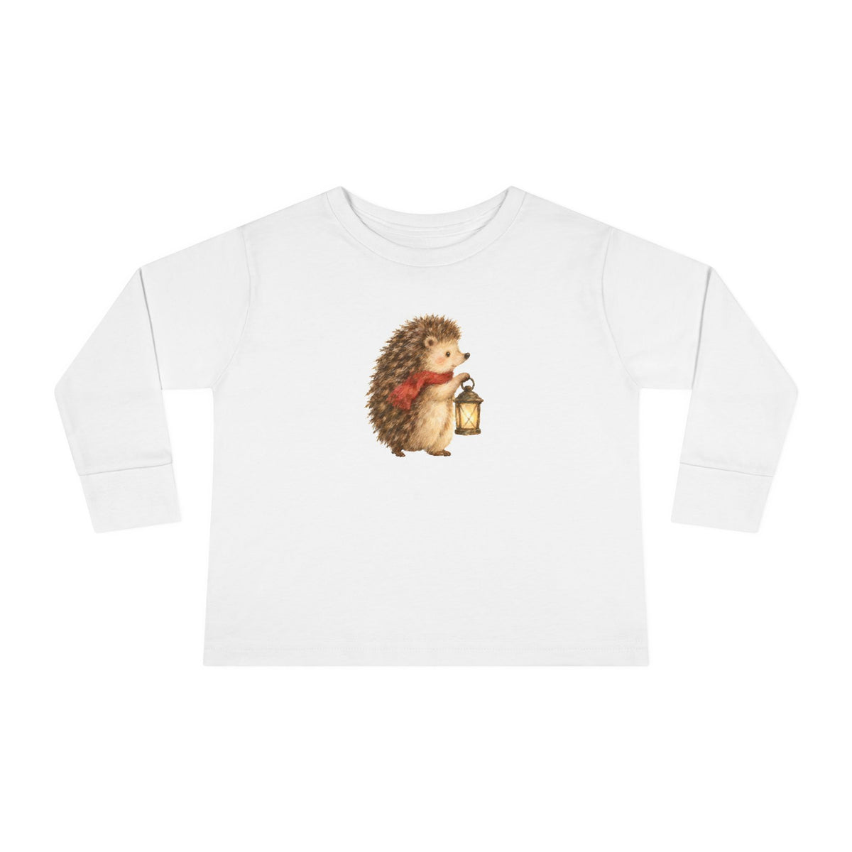 White toddler long sleeve tee with a woodland hedgehog carrying a lantern