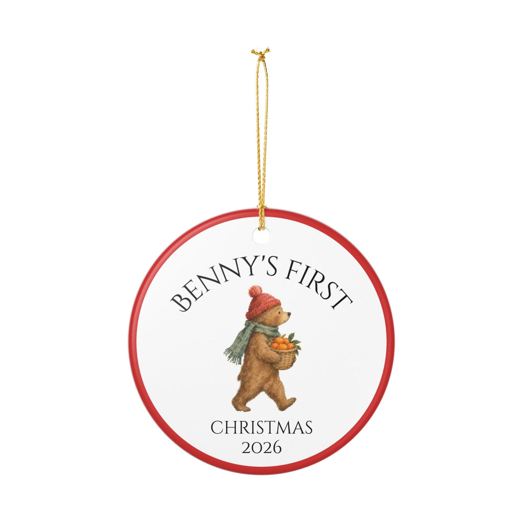 Baby's First Christmas bear ornament with gold hanging string