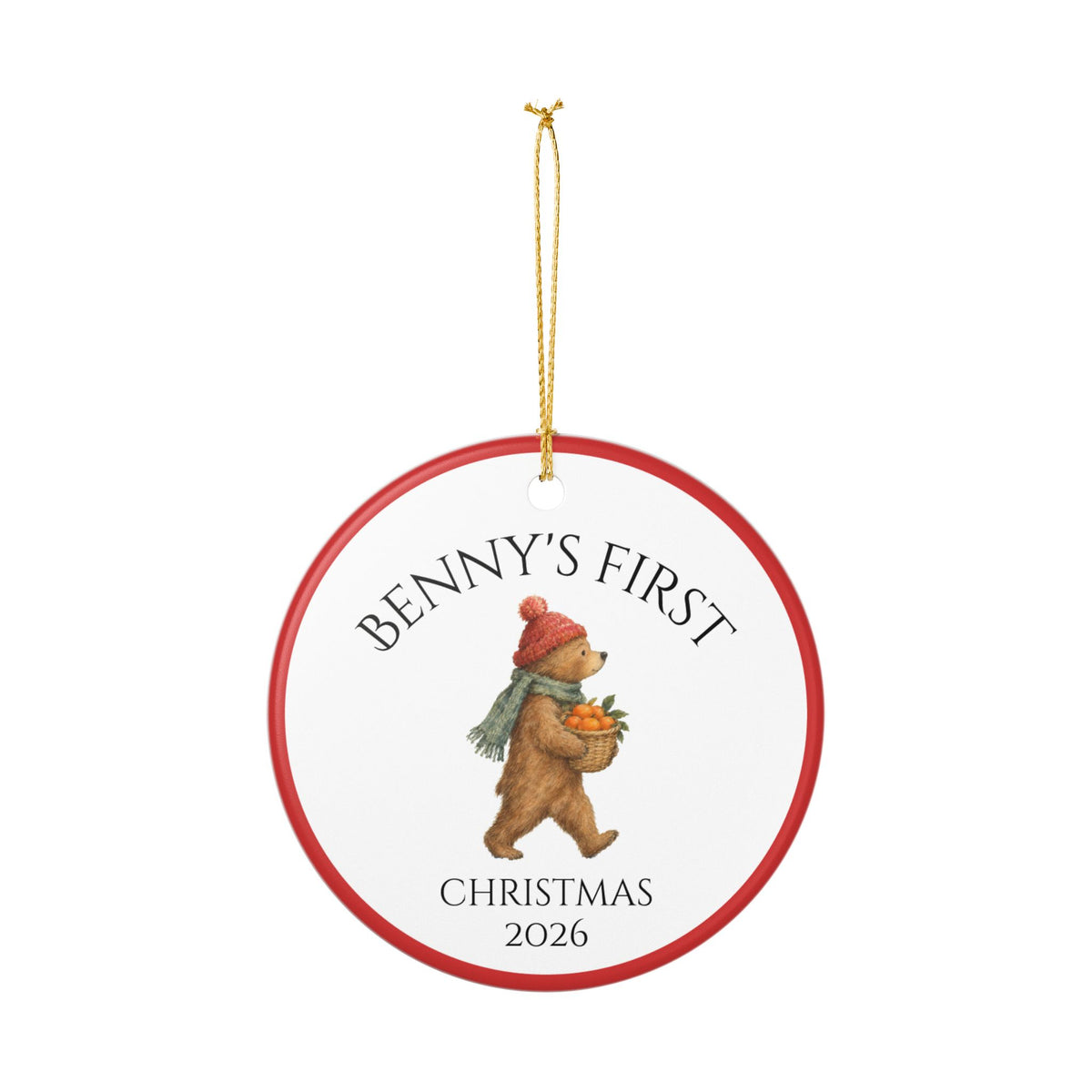 Baby's First Christmas bear ornament with gold hanging string