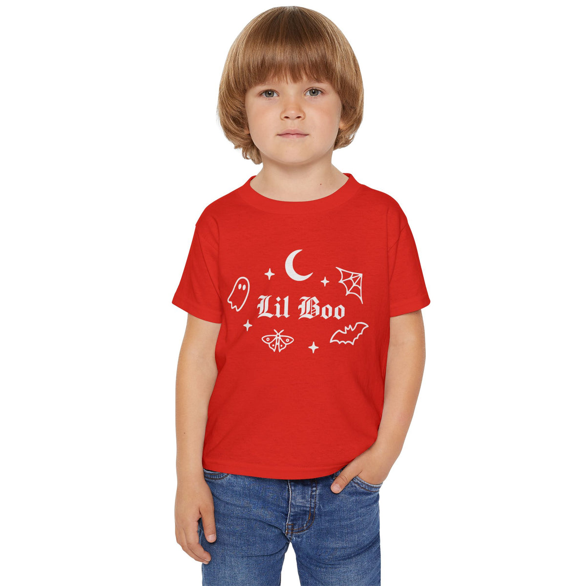 Toddler wearing the Lil Boo gothic Halloween tee in red