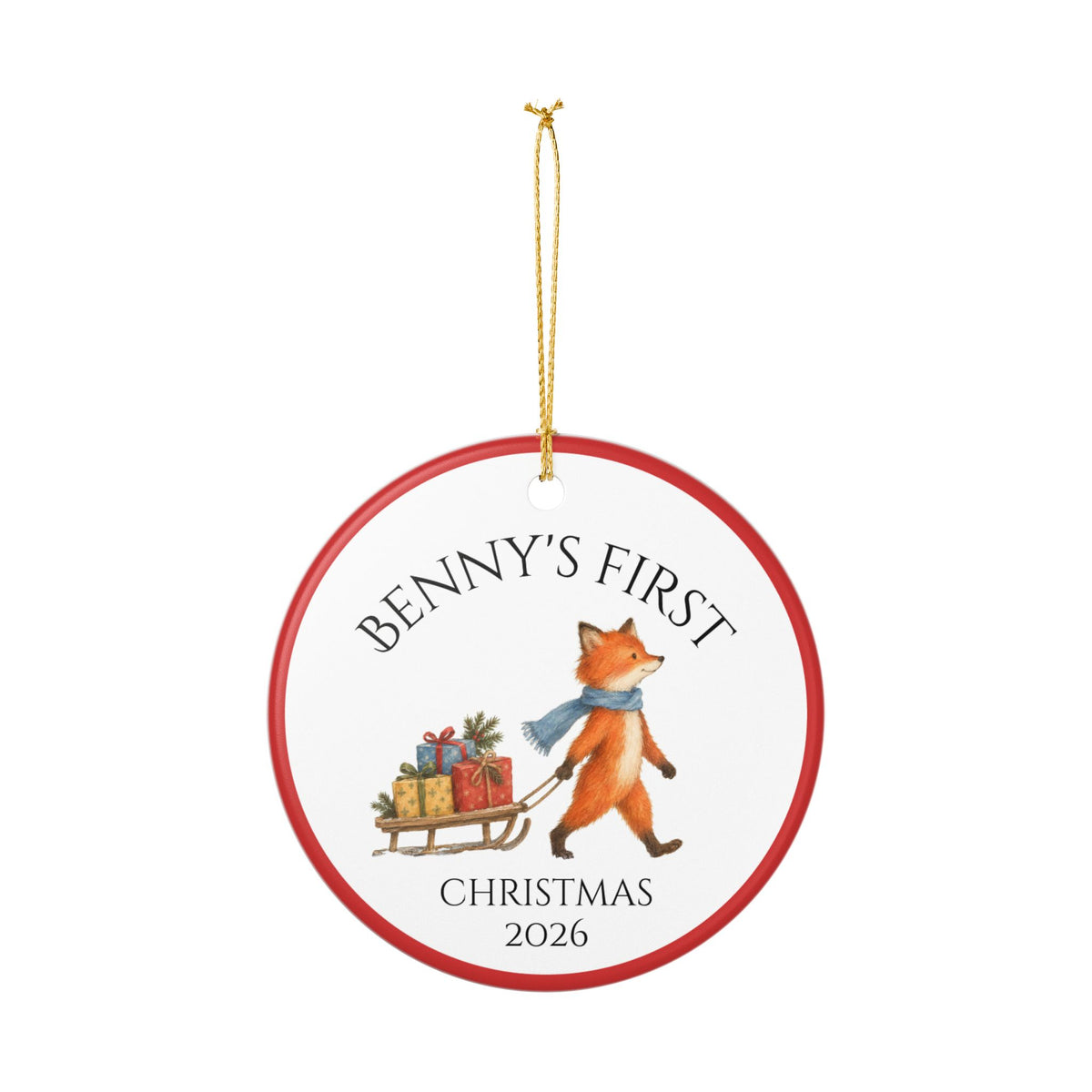 Baby's First Christmas fox ornament with gold hanging string