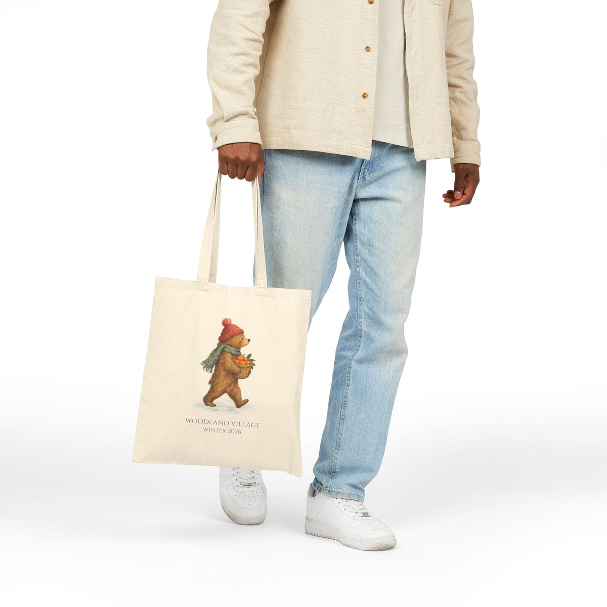 Person carrying the Woodland Bear Christmas tote bag