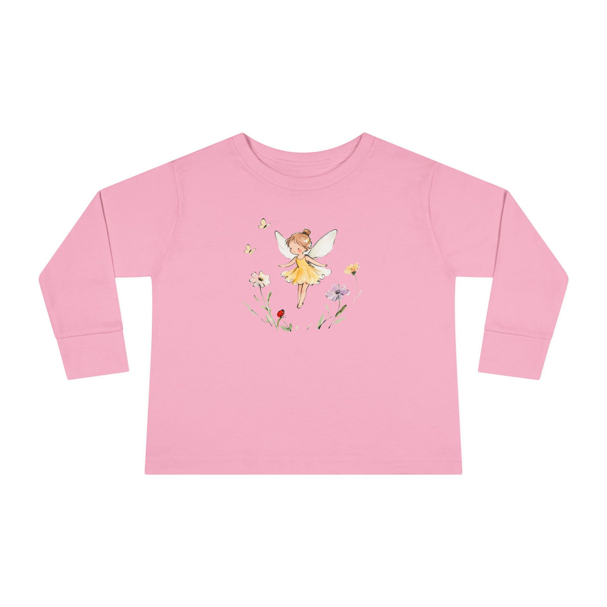 Buttercup Fairy watercolor toddler long sleeve tee, yellow dress fairy with wildflowers, additional view