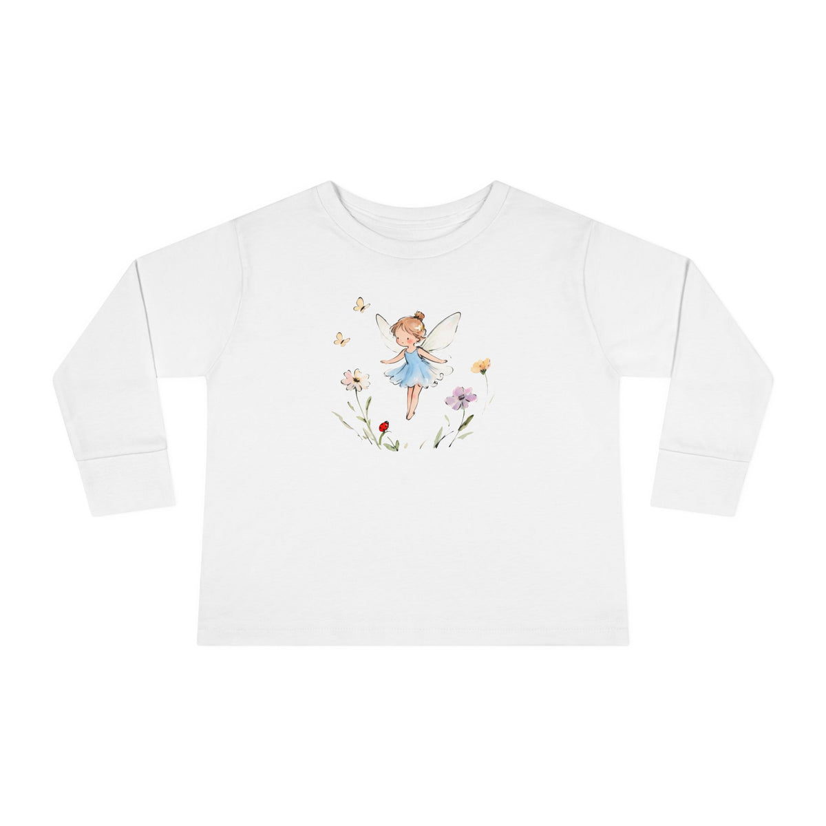 Bluebell Fairy watercolor toddler long sleeve tee, blue dress fairy with wildflowers