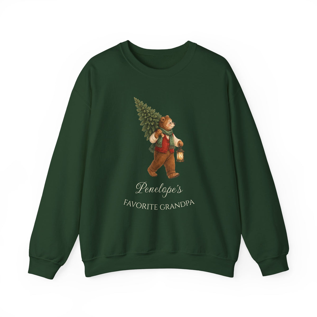 Forest Green Favorite Grandpa crewneck with the Woodland Grandpa Bear carrying a Christmas tree and lantern