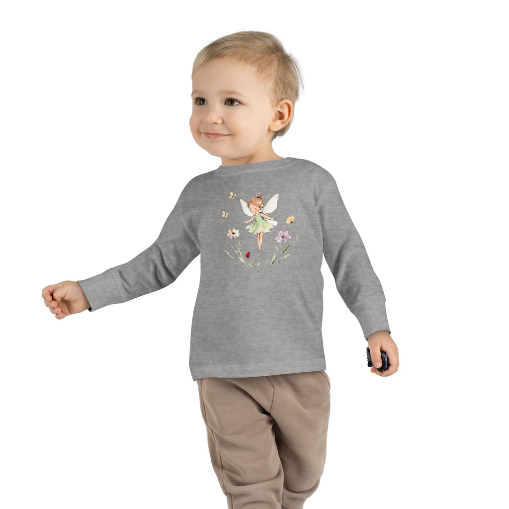 Fern Fairy watercolor toddler long sleeve tee, green dress fairy with wildflowers, additional view