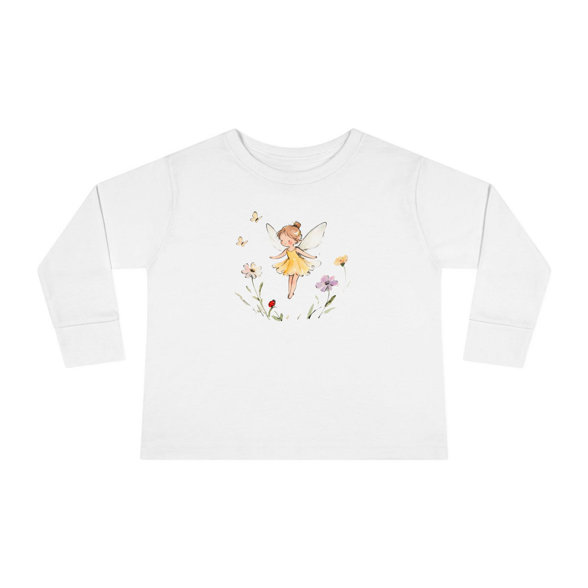 Buttercup Fairy watercolor toddler long sleeve tee, yellow dress fairy with wildflowers