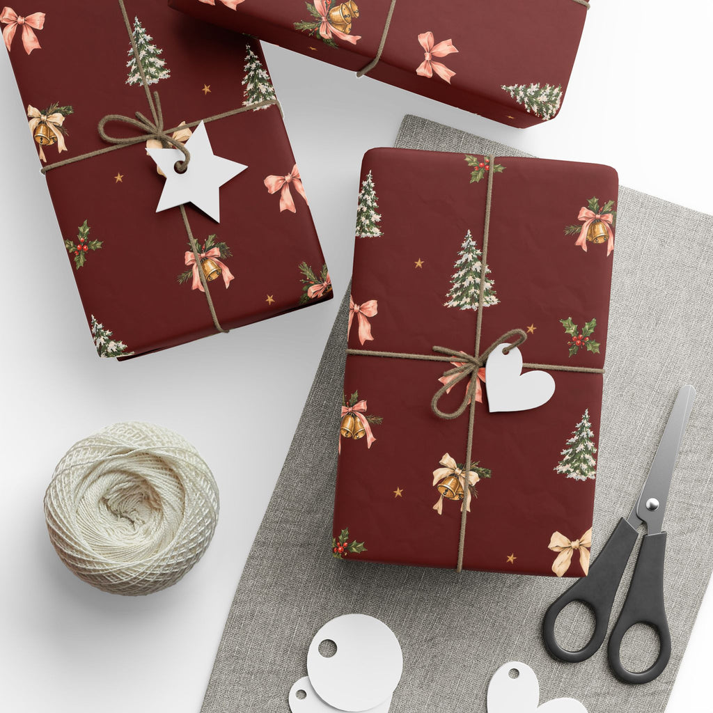 Bells & Bows Christmas Wrapping Paper | Deep Red Vintage Gift Wrap