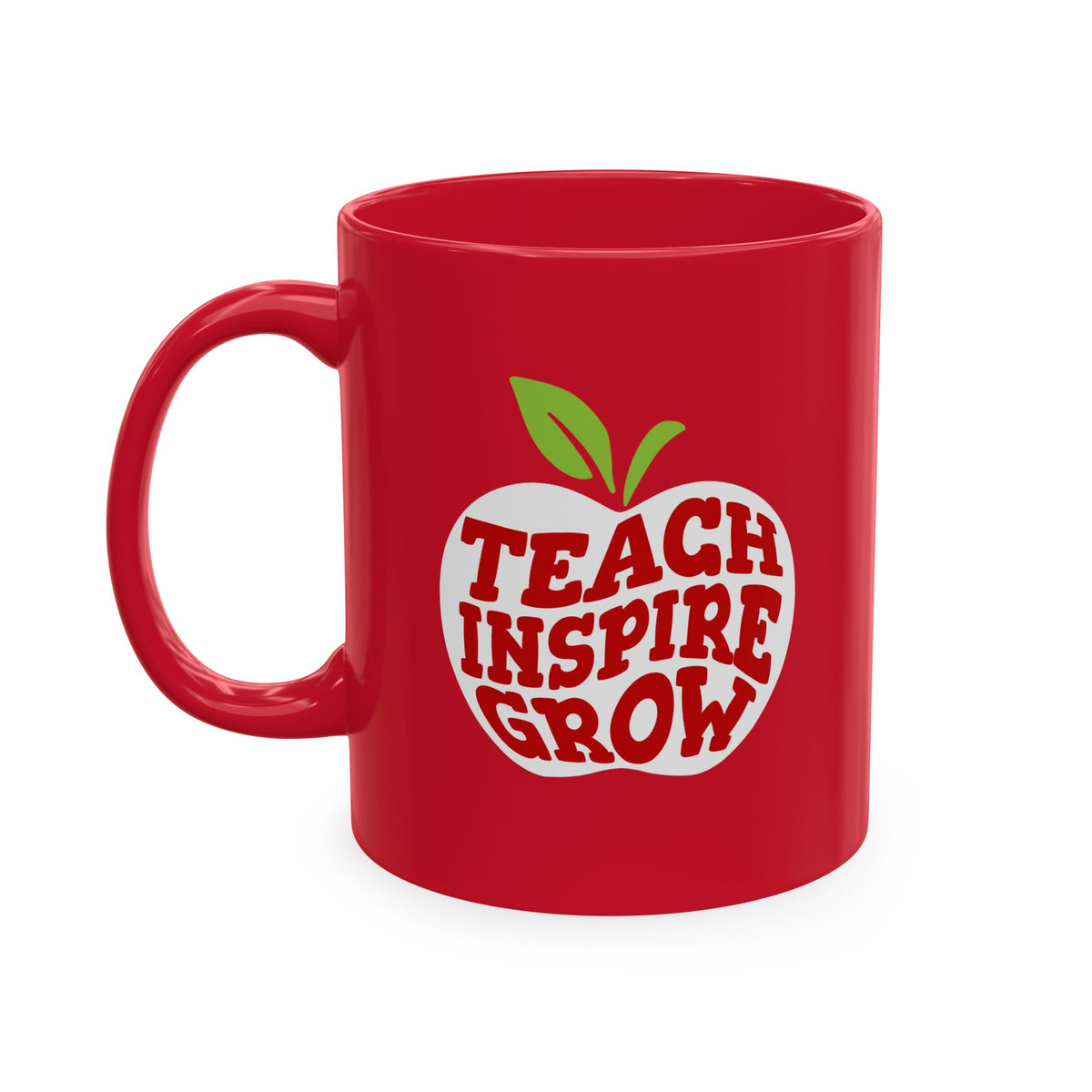 Teach Inspire Grow red teacher mug with a retro apple design