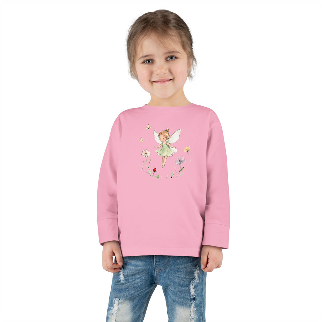 Fern Fairy watercolor toddler long sleeve tee, green dress fairy with wildflowers, additional view