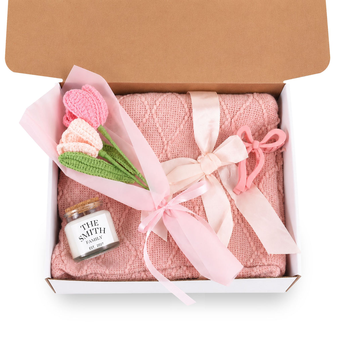Blush & Bloom Gift Box | Personalized Candle, Blanket & Crochet Flowers