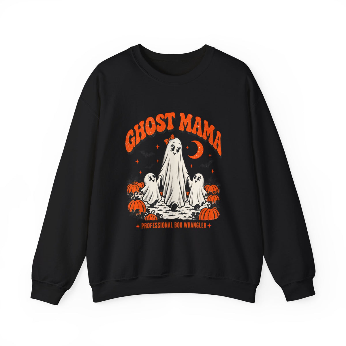 Ghost Mama black Halloween crewneck sweatshirt with orange Professional Boo Wrangler tagline