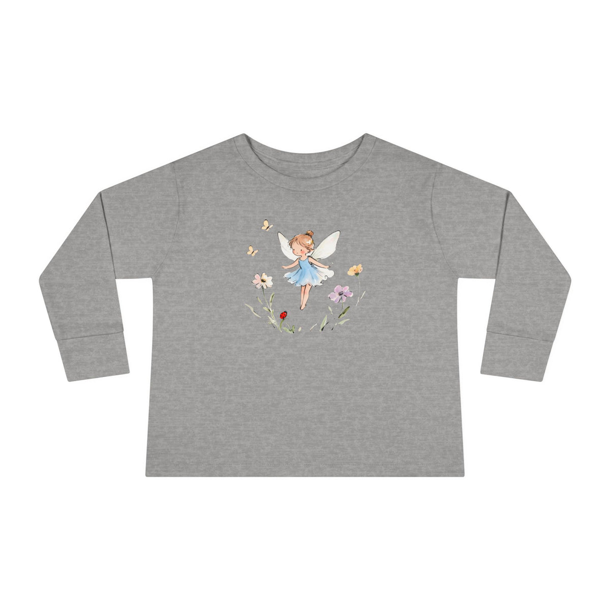 Bluebell Fairy watercolor toddler long sleeve tee, blue dress fairy with wildflowers, additional view