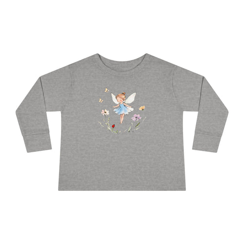 Bluebell Fairy watercolor toddler long sleeve tee, blue dress fairy with wildflowers, additional view