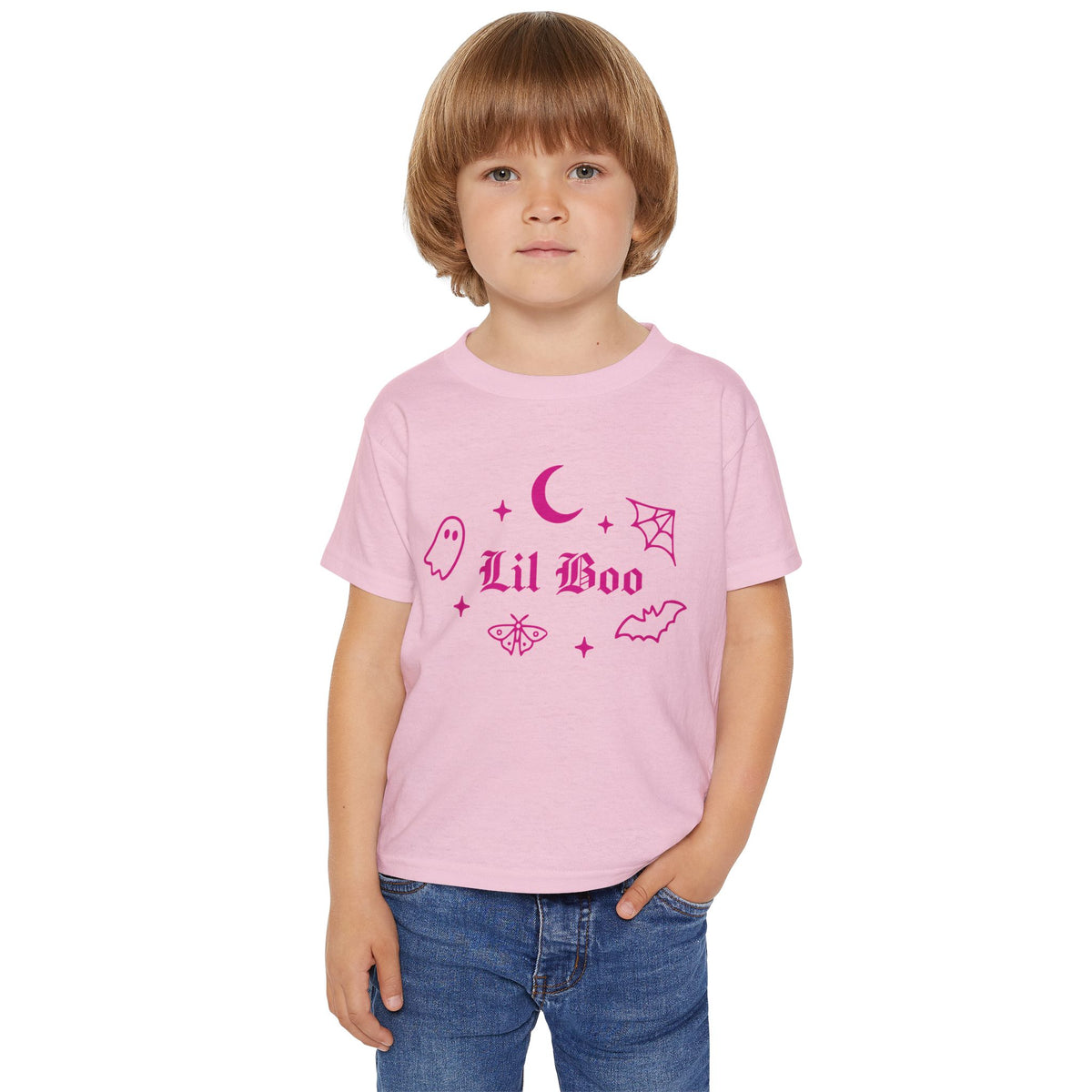 Toddler wearing the Lil Boo gothic Halloween tee in light pink