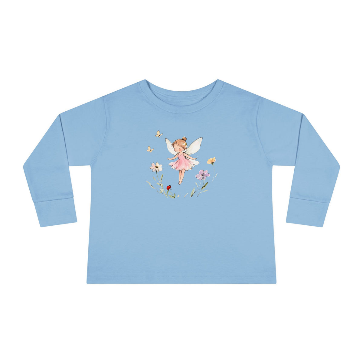 Pink Blossom Fairy watercolor toddler long sleeve tee, pink dress fairy with wildflowers, additional view