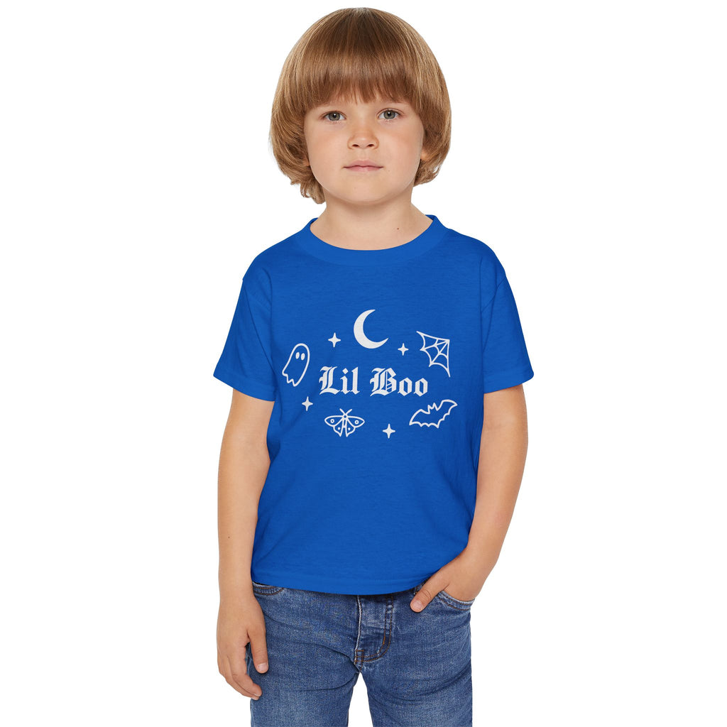 Toddler wearing the Lil Boo gothic Halloween tee in royal blue