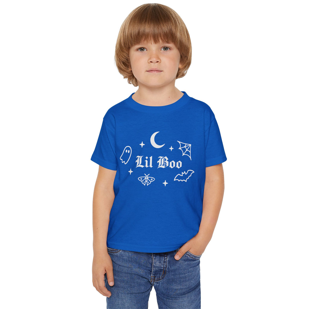 Toddler wearing the Lil Boo gothic Halloween tee in royal blue
