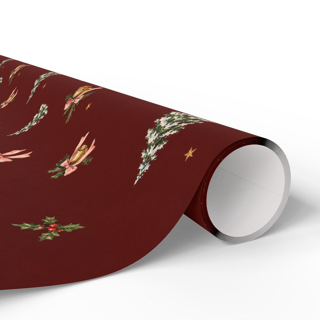 Bells & Bows Christmas Wrapping Paper | Deep Red Vintage Gift Wrap
