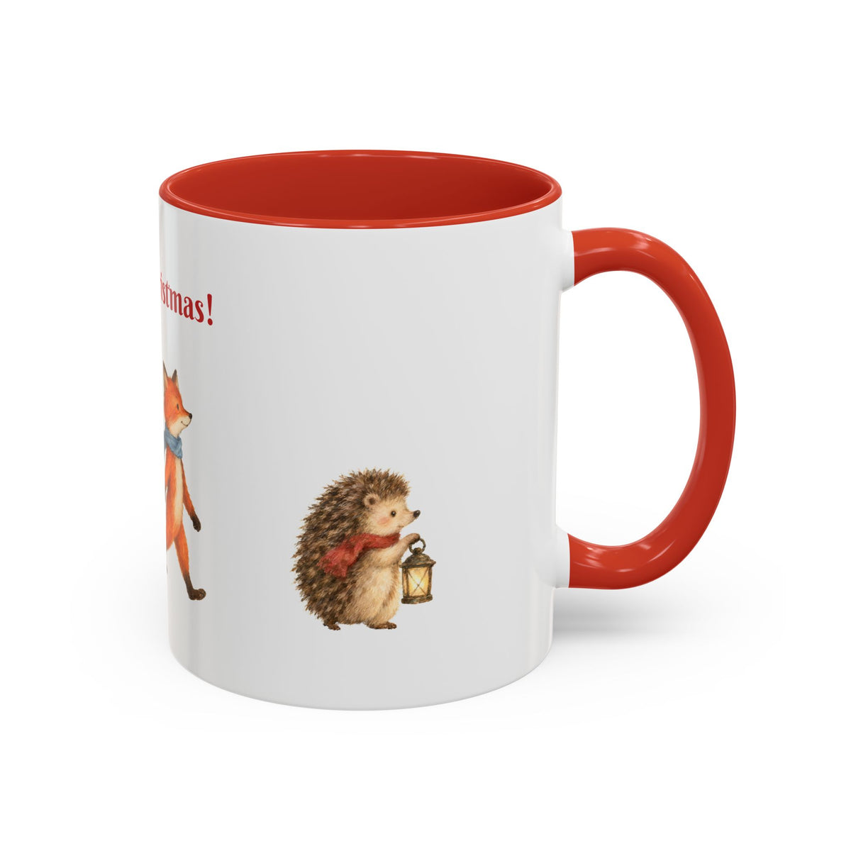 Woodland Village mug with a hedgehog holding a lantern and a red handle