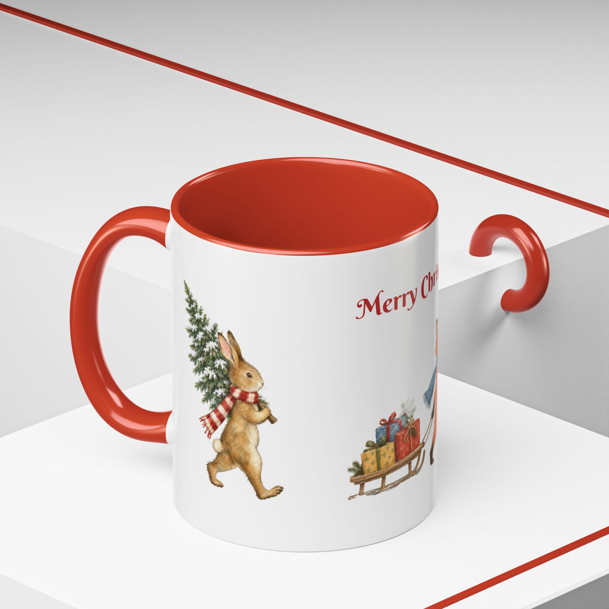 Woodland Village Christmas mug with red interior, bunny and fox side