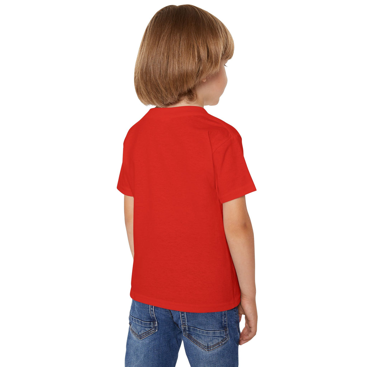 Toddler wearing the Lil Boo tee in red, back view