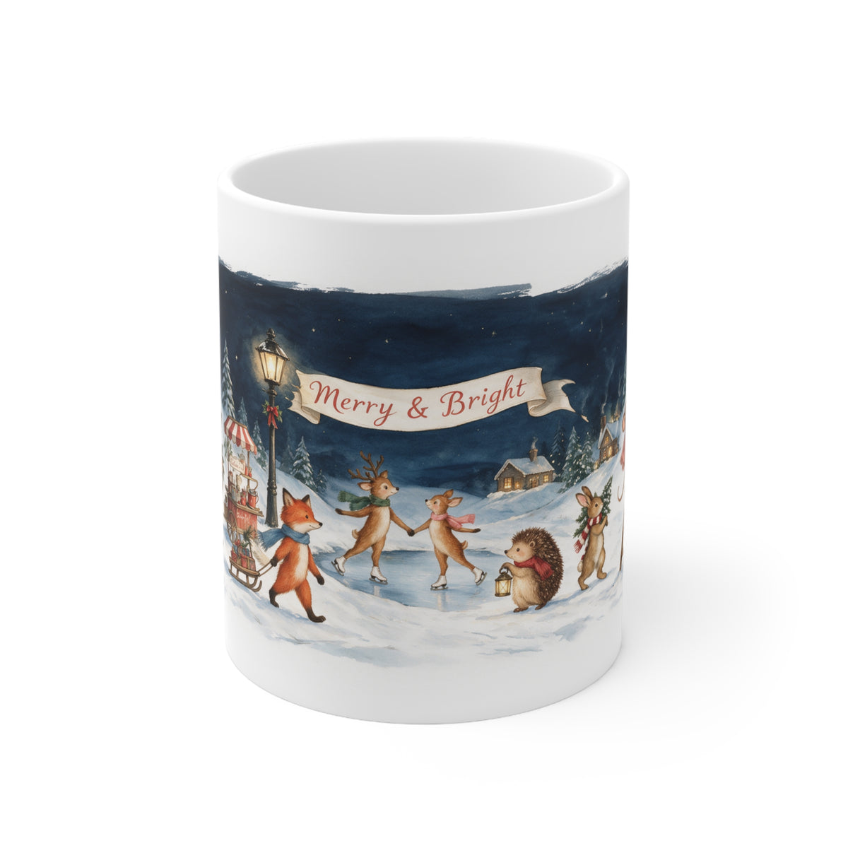 Woodland Village Frozen Lake mug, two deer ice skating on a frozen lake