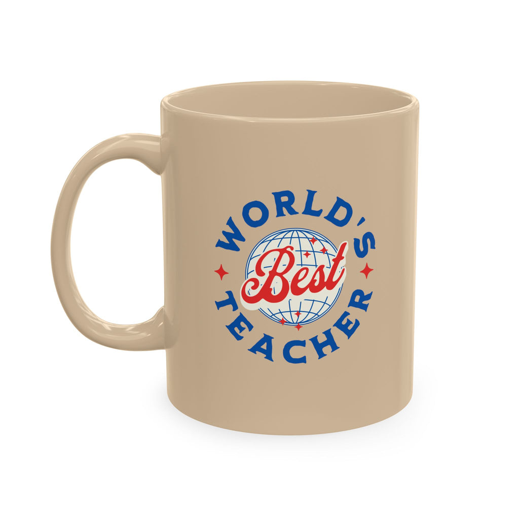 World's Best Teacher almond mug with a retro globe badge and red Best script