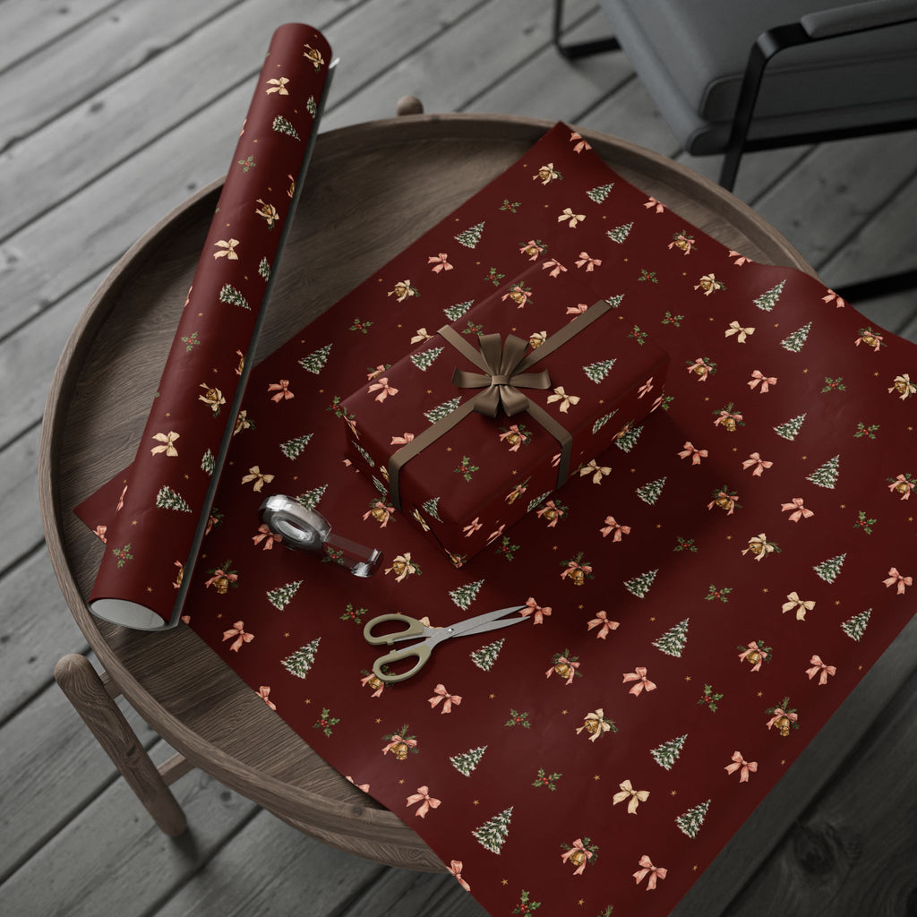 Bells & Bows Christmas Wrapping Paper | Deep Red Vintage Gift Wrap