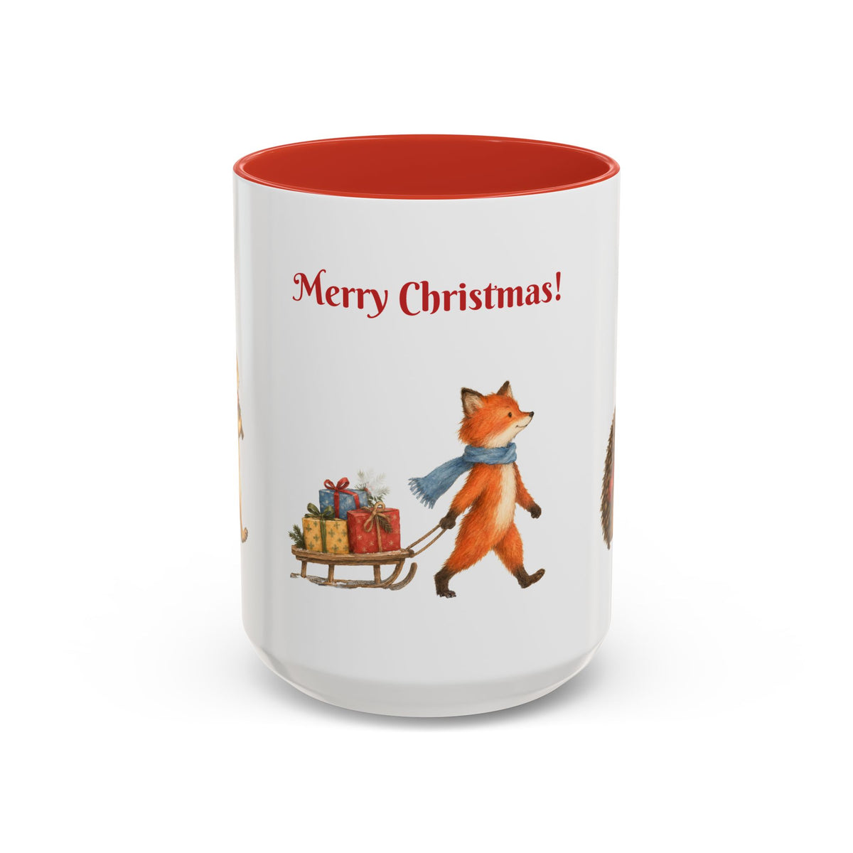 15 oz Woodland Village Christmas mug, fox and sled side