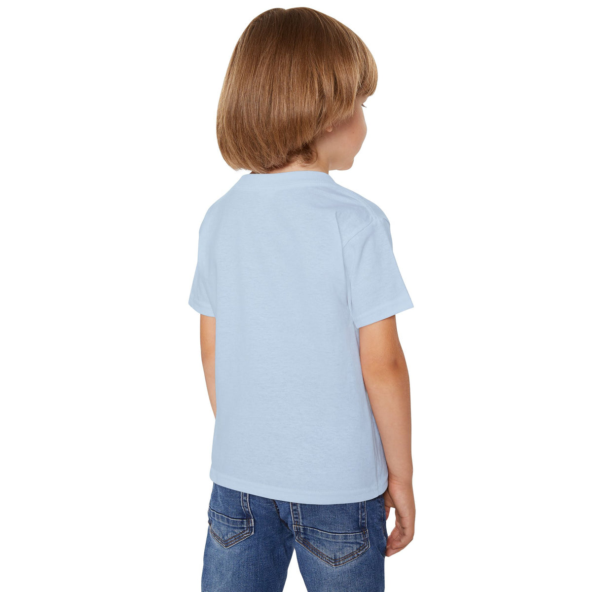 Toddler wearing the Lil Boo tee in light blue, back view