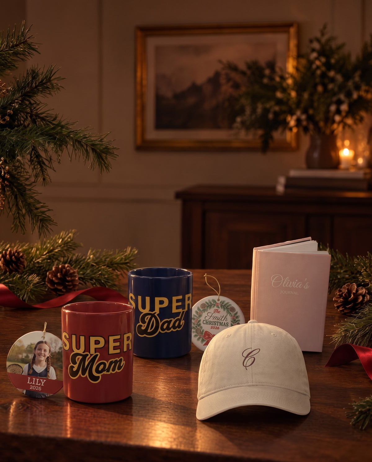 Personalized Christmas gifts on a candlelit holiday table