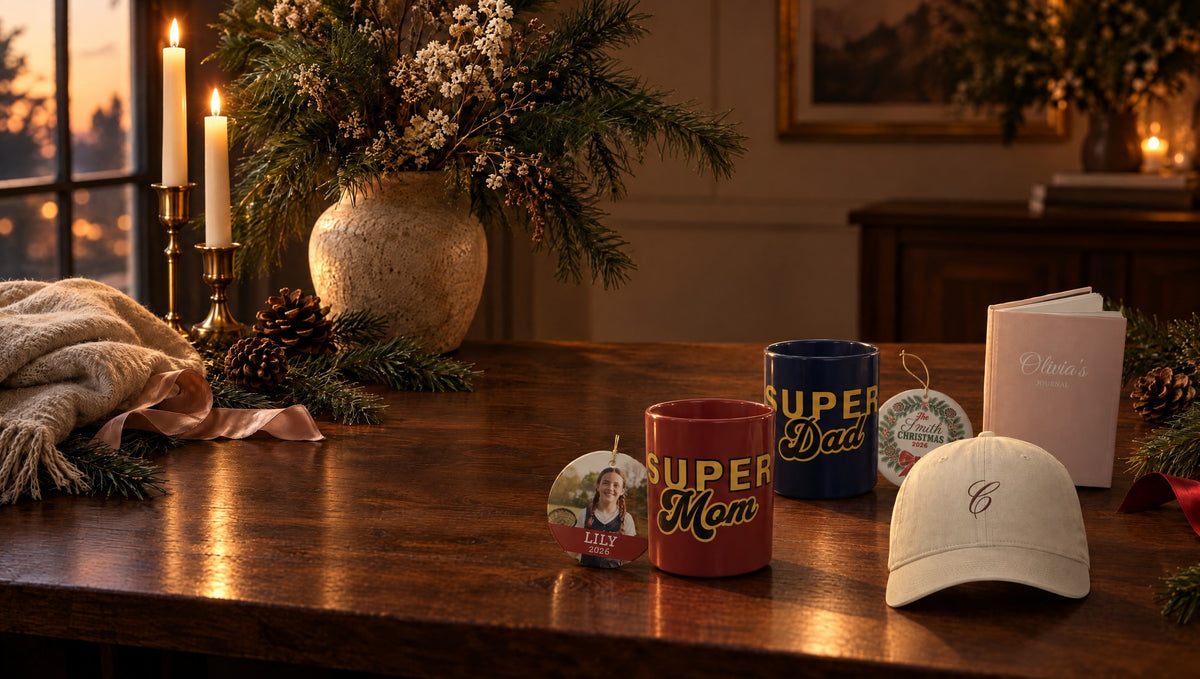 Personalized Super Mom and Super Dad mugs, photo ornament, family ornament, monogram cap and journal on a candlelit holiday table